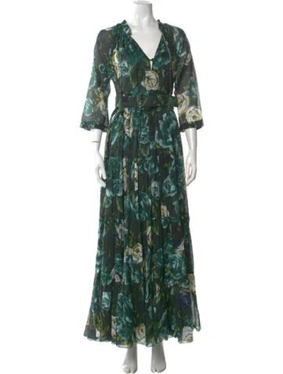 Pre-owned Samantha Sung Floral Print Long Dress In Green