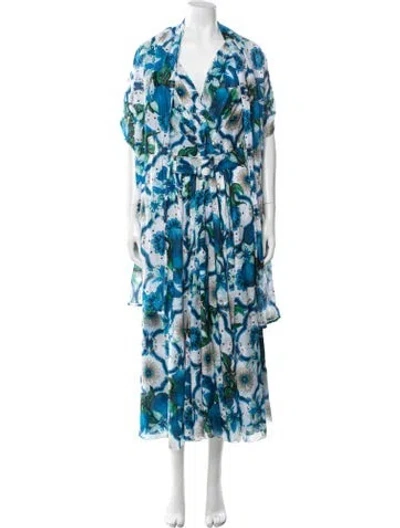Pre-owned Samantha Sung Floral Print Midi Length Dress In Blue