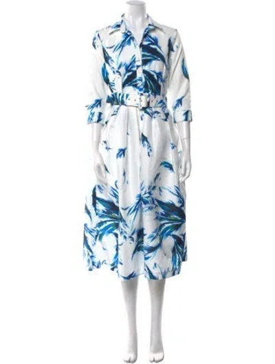 Pre-owned Samantha Sung Floral Print Midi Length Dress W/ Tags In Blue/white