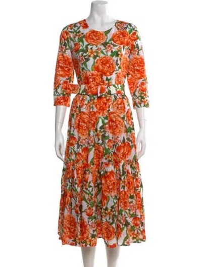 Pre-owned Samantha Sung Floral Print Midi Length Dress W/ Tags In Orange