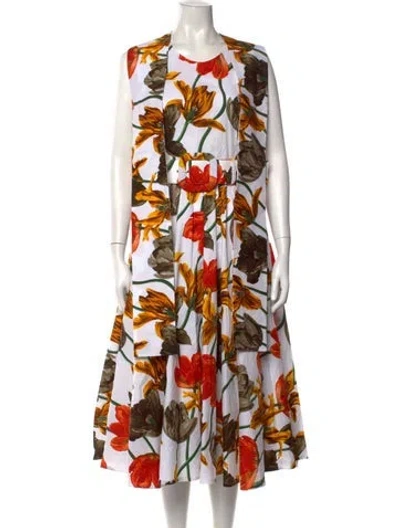 Pre-owned Samantha Sung Floral Print Midi Length Dress W/ Tags In White