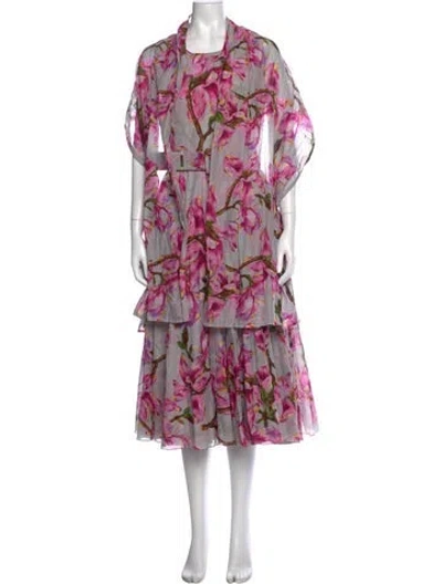 Pre-owned Samantha Sung Floral Print Midi Length Dress In White