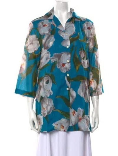 Pre-owned Samantha Sung Floral Print Three-quarter Sleeve Blouse In Blue