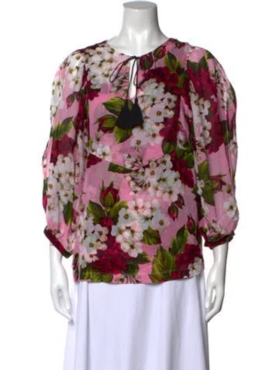 Pre-owned Samantha Sung Floral Print Tie Neck Blouse In Pink