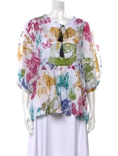 Pre-owned Samantha Sung Floral Print Tie Neck Blouse In White