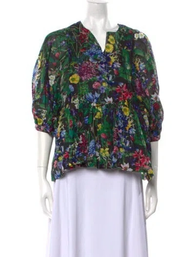 Pre-owned Samantha Sung Floral Print V-neck Blouse In Black