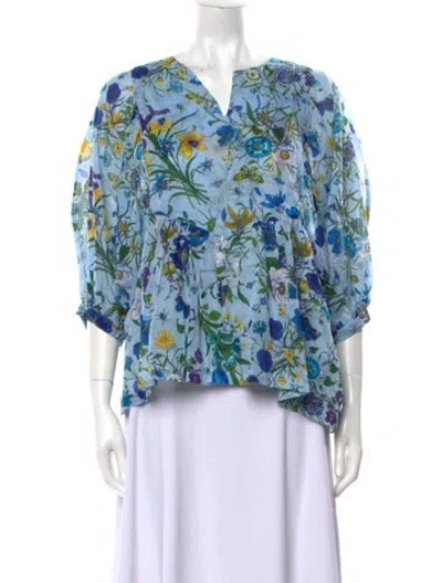 Pre-owned Samantha Sung Floral Print V-neck Blouse In Blue