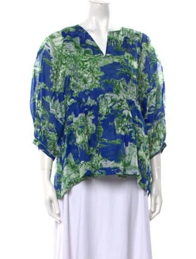 Pre-owned Samantha Sung Floral Print V-neck Blouse In Blue