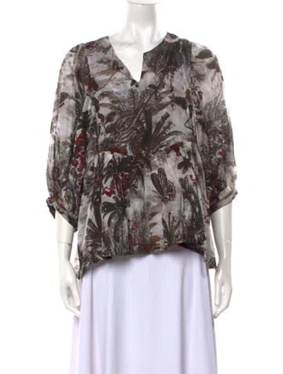 Pre-owned Samantha Sung Floral Print V-neck Blouse In Neutral