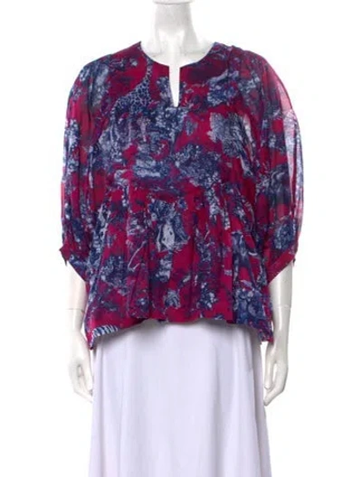 Pre-owned Samantha Sung Floral Print V-neck Blouse In Pink