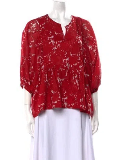 Pre-owned Samantha Sung Floral Print V-neck Blouse In Red