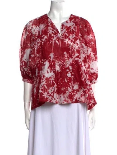 Pre-owned Samantha Sung Floral Print V-neck Blouse In Red