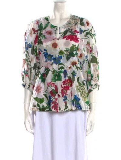 Pre-owned Samantha Sung Floral Print V-neck Blouse In White