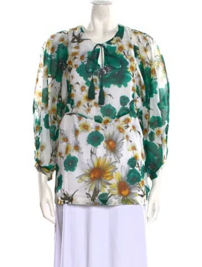 Pre-owned Samantha Sung Floral Print V-neck Blouse In White
