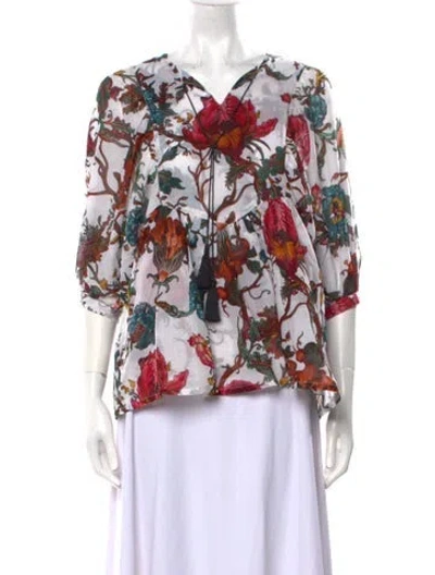 Pre-owned Samantha Sung Floral Print V-neck Blouse In White