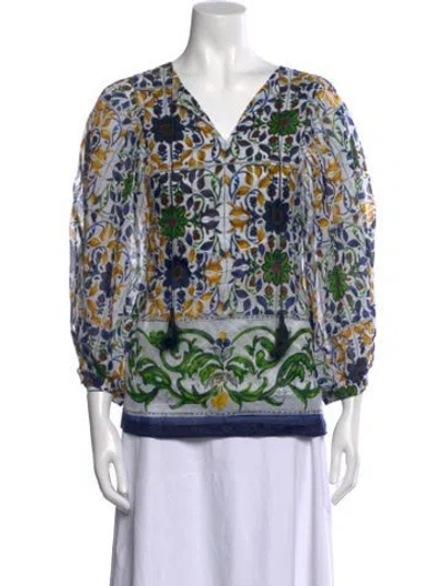 Pre-owned Samantha Sung Floral Print V-neck Blouse In White