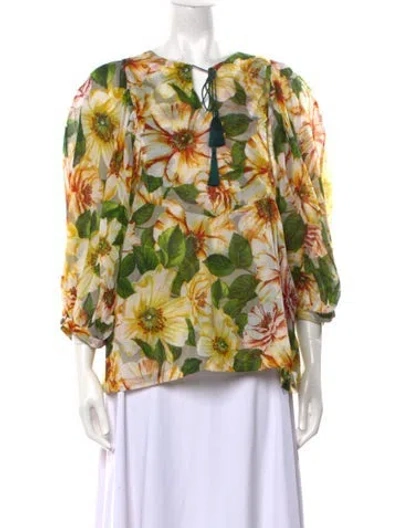 Pre-owned Samantha Sung Floral Print V-neck Blouse In Yellow