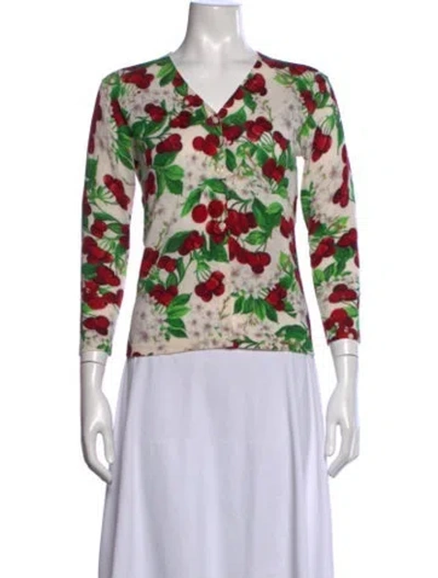 Pre-owned Samantha Sung Floral Print V-neck Button-up Top In White