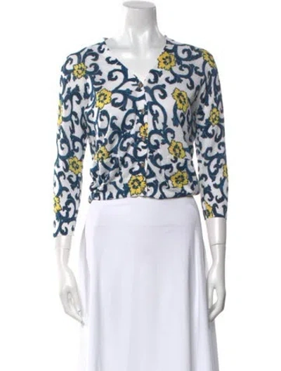 Pre-owned Samantha Sung Floral Print V-neck Sweater In White