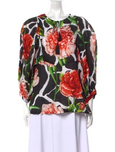 Pre-owned Samantha Sung Linen Floral Print Blouse In Black