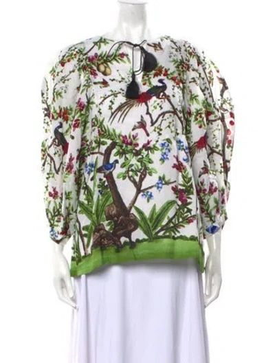 Pre-owned Samantha Sung Linen Floral Print Blouse In Neutral