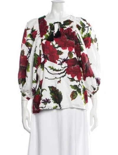Pre-owned Samantha Sung Linen Floral Print Blouse In Red