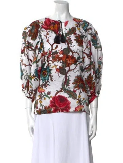Pre-owned Samantha Sung Linen Floral Print Blouse In White