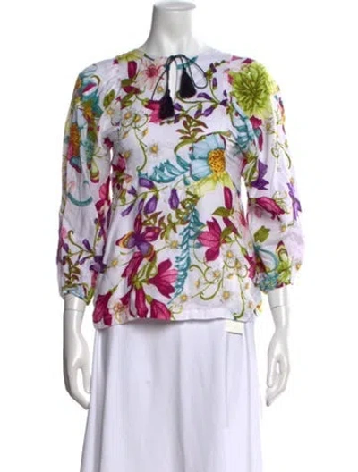 Pre-owned Samantha Sung Linen Floral Print Blouse In White