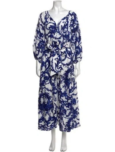 Pre-owned Samantha Sung Linen Long Dress In Blue/white