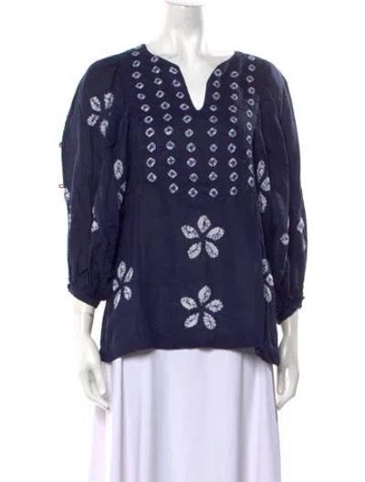 Pre-owned Samantha Sung Linen Printed Blouse In Blue