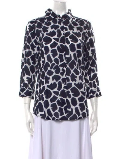 Pre-owned Samantha Sung Linen Printed Blouse In Blue