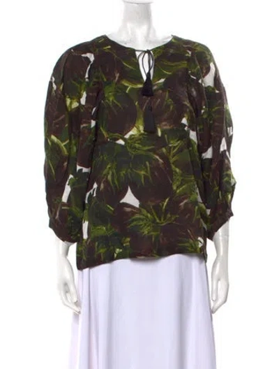 Pre-owned Samantha Sung Linen Printed Blouse In Green