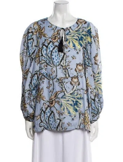 Pre-owned Samantha Sung Linen Printed Blouse W/ Tags In Blue