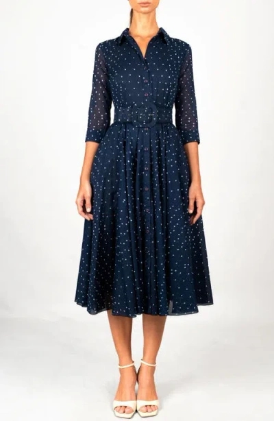 Samantha Sung Mini Dots A-line Belted Shirtdress In Blue