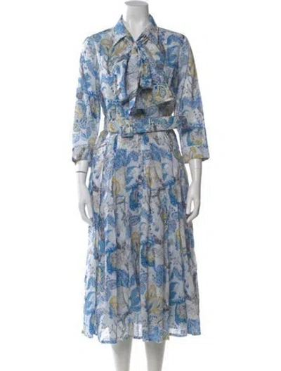 Pre-owned Samantha Sung Paisley Print Midi Length Dress W/ Tags In Blue/white