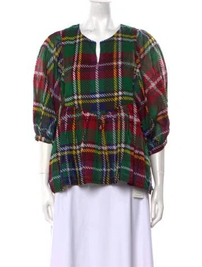 Pre-owned Samantha Sung Plaid Print Crew Neck Blouse In Green