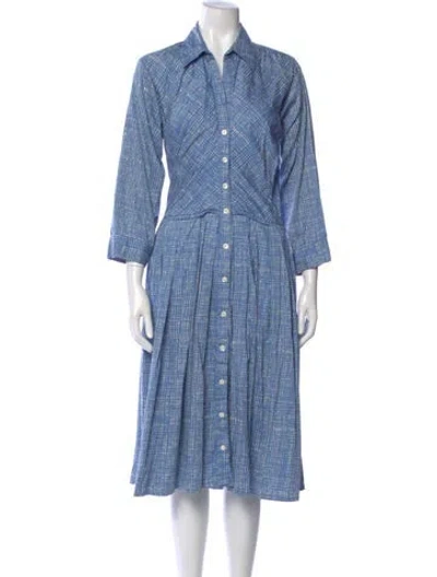 Pre-owned Samantha Sung Plaid Print Midi Length Dress In Blue
