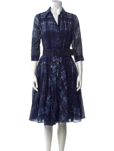Pre-owned Samantha Sung Plaid Print Midi Length Dress In Blue