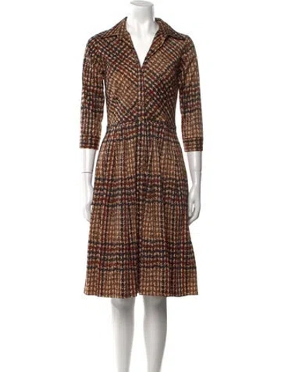 Pre-owned Samantha Sung Plaid Print Midi Length Dress In Brown