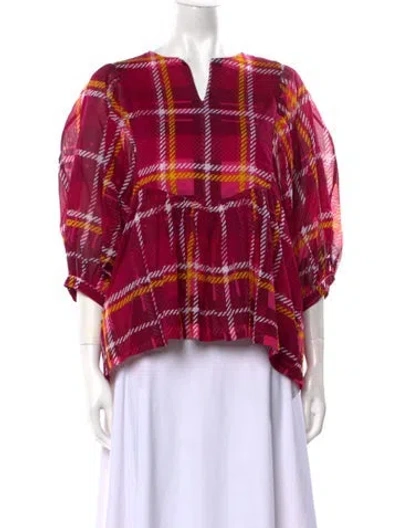 Pre-owned Samantha Sung Plaid Print Square Neckline Blouse In Pink