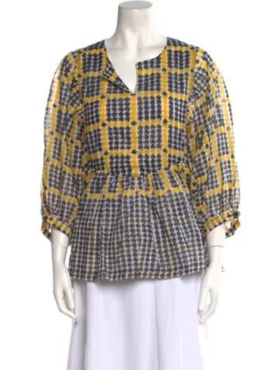 Pre-owned Samantha Sung Plaid Print Square Neckline Blouse In Yellow