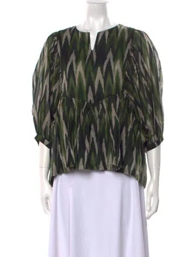 Pre-owned Samantha Sung Printed Bateau Neckline Blouse In Green