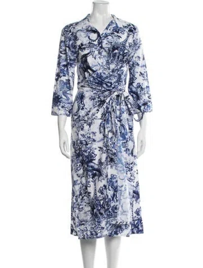 Pre-owned Samantha Sung Printed Midi Length Dress In Blue/white
