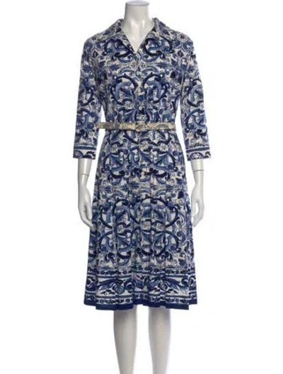 Pre-owned Samantha Sung Printed Midi Length Dress In Blue/white