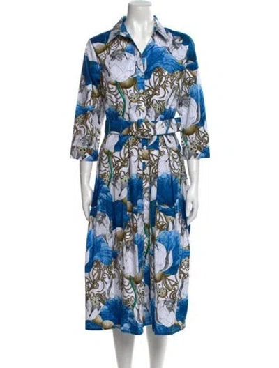 Pre-owned Samantha Sung Printed Midi Length Dress W/ Tags In Blue
