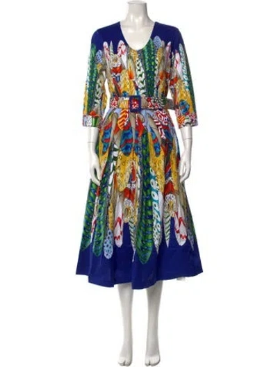 Pre-owned Samantha Sung Printed Midi Length Dress W/ Tags In Blue