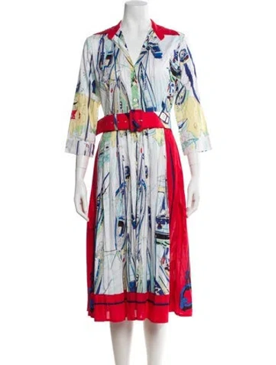 Pre-owned Samantha Sung Printed Midi Length Dress W/ Tags In White