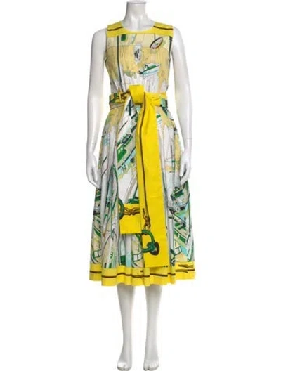 Pre-owned Samantha Sung Printed Midi Length Dress W/ Tags In Yellow