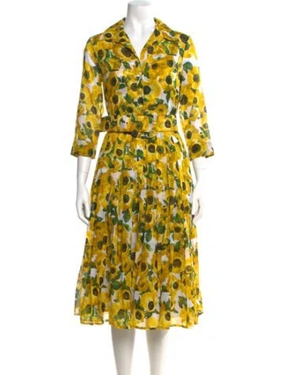 Pre-owned Samantha Sung Printed Midi Length Dress W/ Tags In Yellow