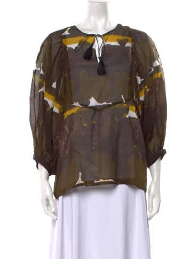 Pre-owned Samantha Sung Printed Tie Neck Blouse In Brown